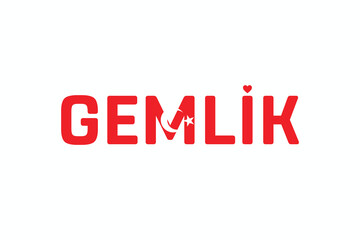 I Love GEMLIK, Typographic Design of I Love GEMLIK on a white background, Flag Typography of GEMLIK with heart, Vector design of I Love Turkey