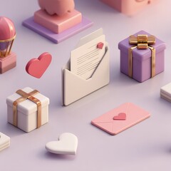 3D rendered isometric gifts, letters, and hearts on a pastel background