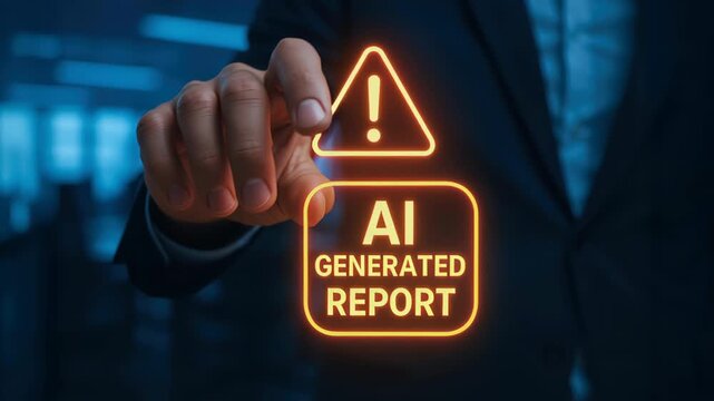 AI generated report warning hand pointing at glowing icon for automatic task alert and completion with glowing caution symbol in business context