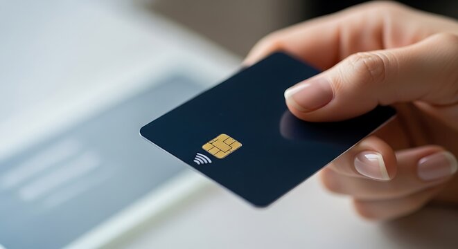 Close-up of a hand holding a dark-colored credit card. - Powered by Adobe