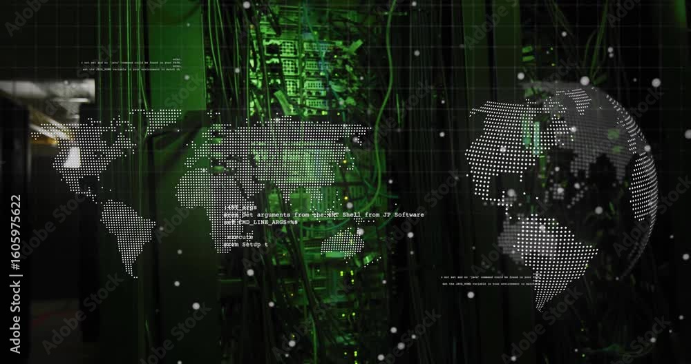 Poster on startup racks revealing world map overlay code snippets scrolling pulsing representing data flow
