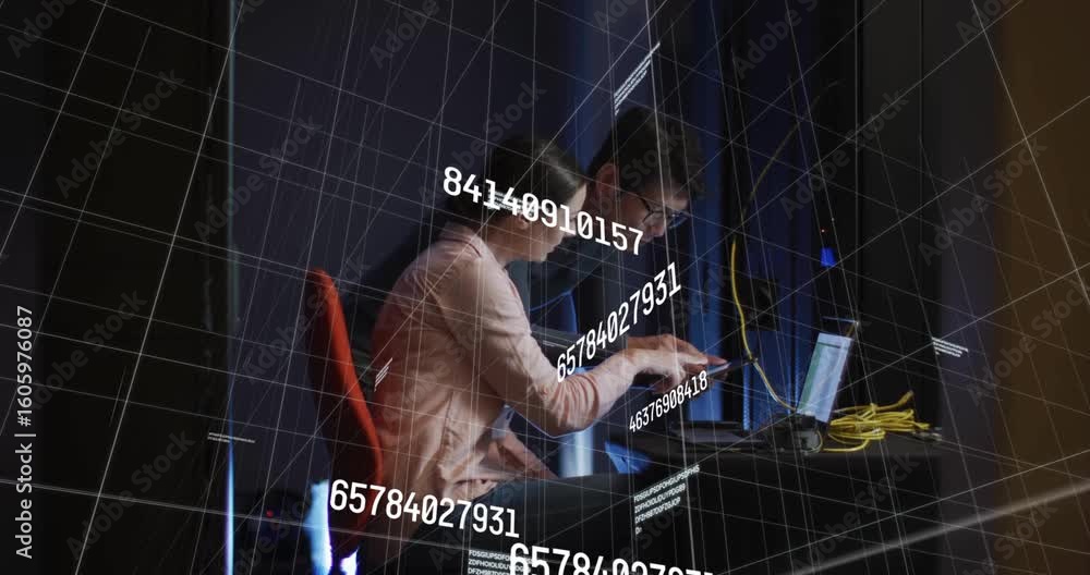 Aufkleber engineer typing on laptop in data center initiating overlays adjusting cables as colleague pointing