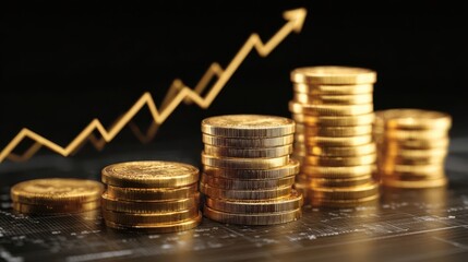 Stacks of gold coins with an upward arrow, symbolizing financial growth and success.