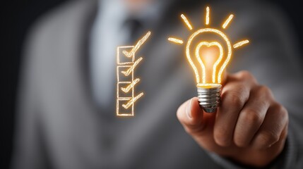 Person In Formal Attire Points At Illuminated Lightbulb And Checklist Graphic