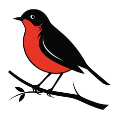 silhouette of a robin standing on a branch on white background.