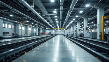 Fototapeta premium Spacious Industrial Warehouse with Tracks and Modern Fixtures