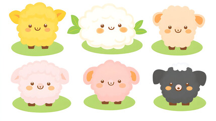 Six cartoon lambs of varying colors on green patches