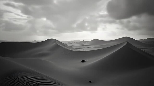 Desert Sand Dunes Under Cloudy Sky Scenic Landscape in Monochrome