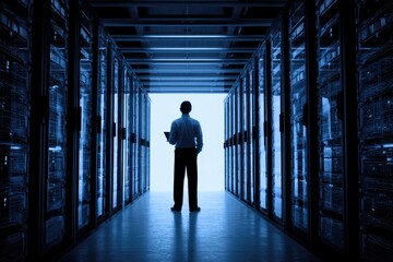 IT professional in server room, backlit