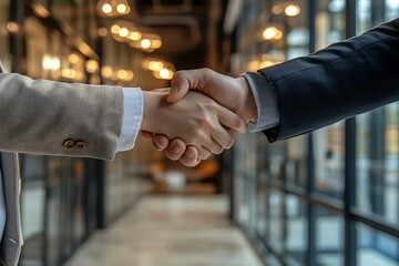 A businessperson in a dark suit shaking hands with a colleague in a light jacket in a modern office space with glass walls and natural lighting 
