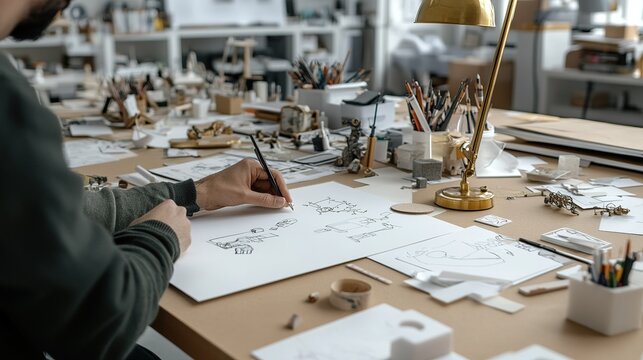 Close up of a designer's hand sketching on paper with a pen in a workshop surrounded by tools and models on a cluttered