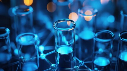 Test tubes in a laboratory setting with a blue light background.