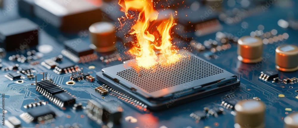 Poster an overclocked computer processor glowing with intense orange and red flames, representing the high 