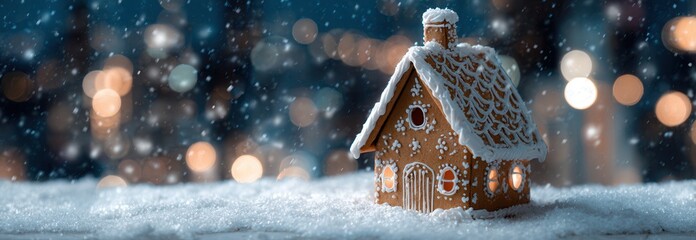 A cute gingerbread house in the snow, a Christmas decoration background, a panoramic view, a real photo style, a blue and white color scheme, product photography, a winter.