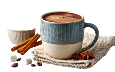Hot chocolate fills blue mug. Cinnamon, anise add flavor. Cozy drink photo for marketing, web use.