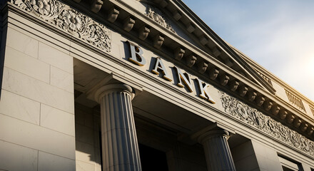 Classic bank building exterior with majestic columns and intricate architectural details.