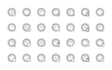 Collection of black and white clock icons with various symbols time