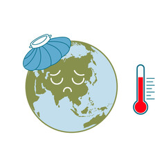 Planet Earth with ice pack compress and high temperature. Overheating planet concept