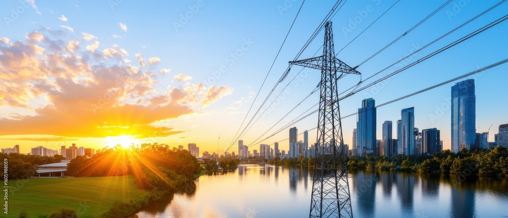Poster a sprawling urban skyline with towering skyscrapers and a complex network of power lines and cables,