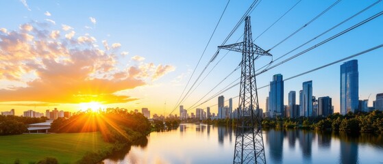 A sprawling urban skyline with towering skyscrapers and a complex network of power lines and cables, symbolizing the technological advancements and rapid development of a modern metropolitan area.