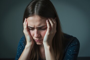 A woman with her head in her hands, appearing distressed.