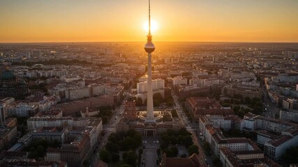 Aerial Berlin city view at sunset, featuring the iconic Television Tower and urban architecture