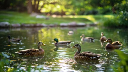 A group of ducks swimming in a pond with green water and sunlight filtering through the trees.