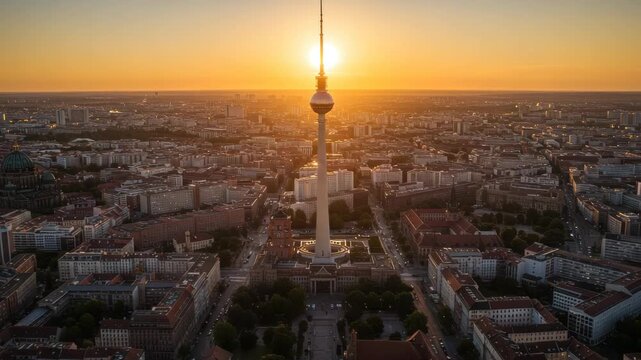 Aerial Berlin city view at sunset, featuring the iconic Television Tower and urban architecture