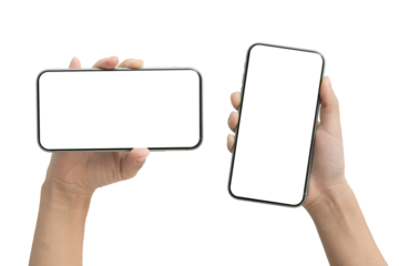 Hand holding smartphones with blank screen isolated on white background for mockup and mobile application design