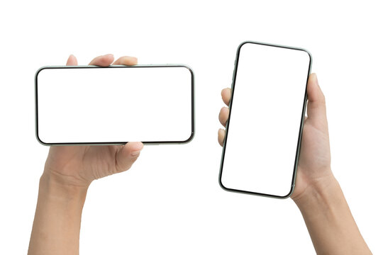 Hand holding smartphones with blank screen isolated on white background for mockup and mobile application design
