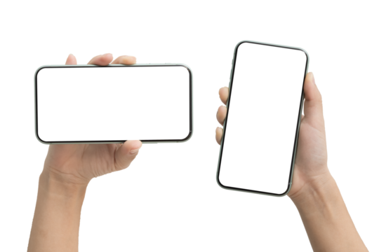 Hand holding smartphones with blank screen isolated on white background for mockup and mobile application design
