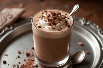 A glass of hot chocolate topped with whipped cream and chocolate shavings.
