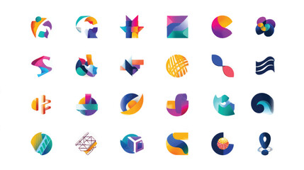 A collection of colorful vector illustrations with a set of numbers, icons, and logo symbols for web design