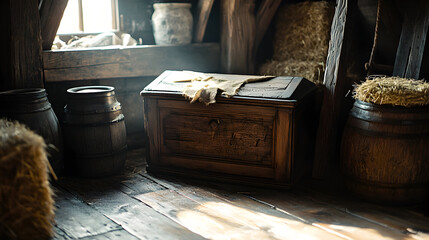 Wooden chest and barrels in a dimly lit attic room.