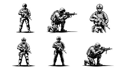 Six stylized illustrations of American soldiers in combat poses