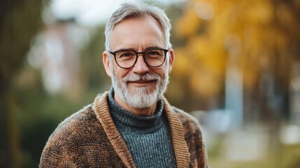 A man with gray hair and glasses smiling outdoors in a park.