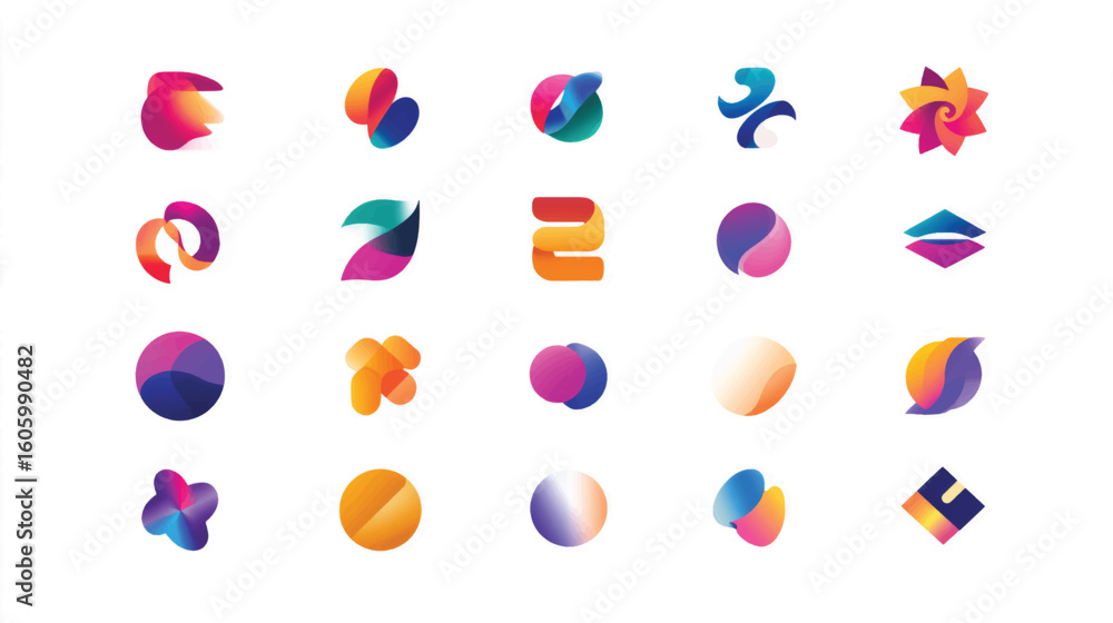 Poster a colorful vector set of business icons and logo symbols with a ribbon and circle element