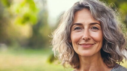 Naklejka premium A woman with gray hair smiling outdoors.