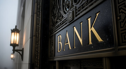Obraz premium Elegant bank entrance with golden lettering and vintage lantern, evoking trust and stability.