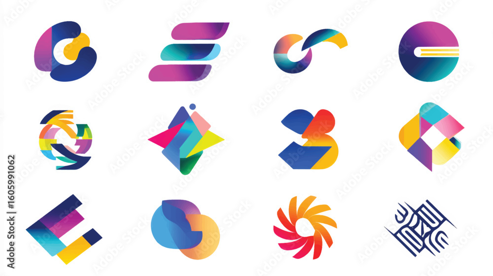Poster a set of colorful geometric vector icons with spiral shapes