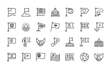Collection of outline icons representing flags buildings and symbols vector
