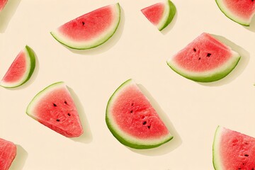 Watermelon slice pattern on a neutral background. Food seamless pattern concept for summer. Fruit background with natural shadows.