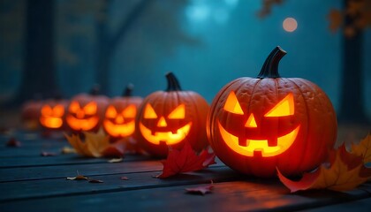 Row of illuminated Jack o lanterns sitting on a wooden surface evokes the spirit of Halloween with eerie glow