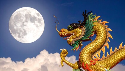 Fototapeta premium Dragon statue under moonlit sky