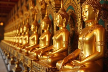 Fototapeta premium Golden buddha statues in a temple.