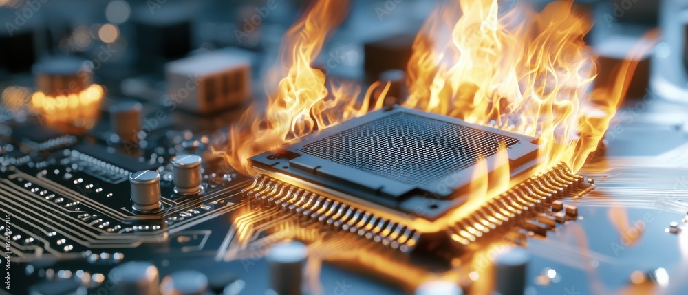 Poster a futuristic, digital depicting a red-hot microprocessor surrounded by intense, dynamic flame-like e