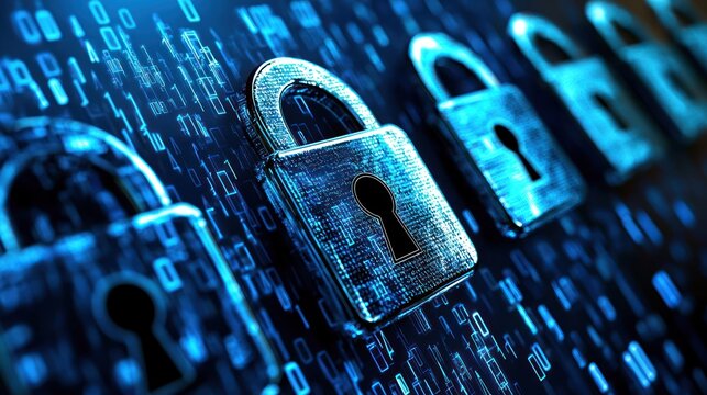 A digital lock with a keyhole on a blue and black digital background.