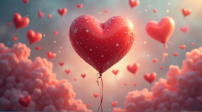 A vibrant red heart-shaped balloon floats amidst a dreamy sky filled with fluffy pink clouds and smaller heart balloons, creating a romantic and whimsical scene.