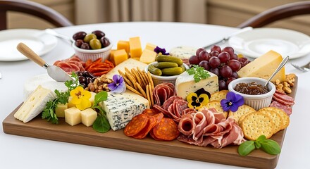 A variety of cheeses, cured meats, and accompaniments arranged on a wooden board.