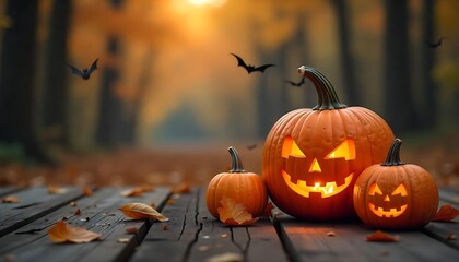 Festive Halloween scene featuring glowing jack-o'-lanterns on a wooden surface in an autumn forest setting with flying bats.